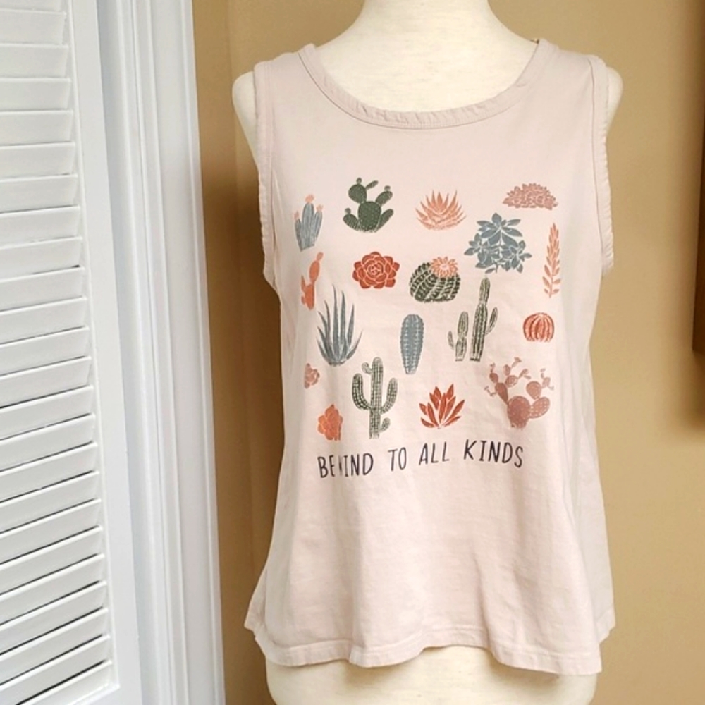 Vibe N' " Be Kind To All Kinds" Cactus Print Open Back Tank Top Size L